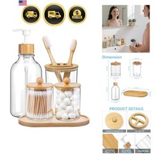 5 Pack Bamboo Bathroom Accessories Set with Tray - Plastic Soap Dispenser Cle...