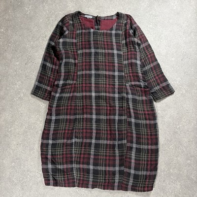 Sahara Kleid Damen groß grau burgund kariert Leinenmischung Taschen Lagenlook