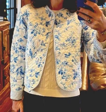 Womens Reversible Quilted Boho Chinoiserie Toile Delft Cotton Jacket Coat Small