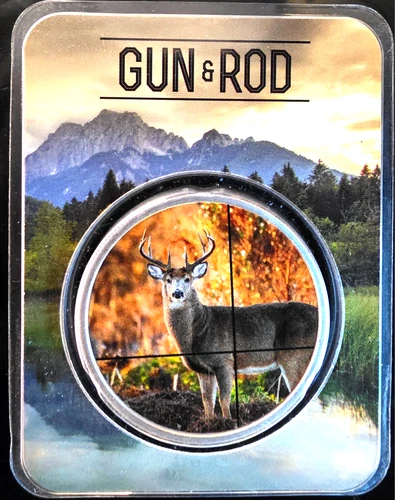 Gun & Rod Deer Color In Case Rare Vtg Rifle Fish Bullion-0.999 Silver 1 Oz Coin