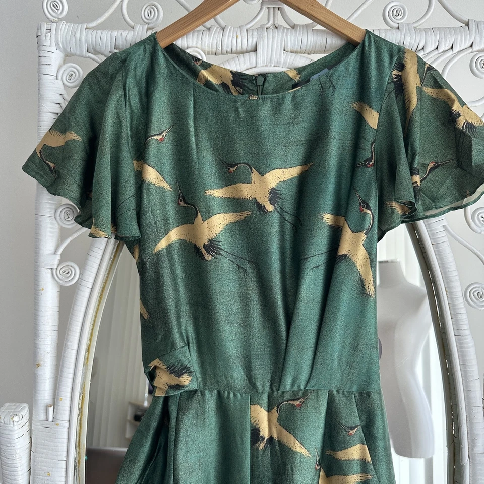 Mono Anthropologie Eva Franco para mujer 6 verde estampado de pájaros pierna ancha fluido NUEVO Foto 2 de 4