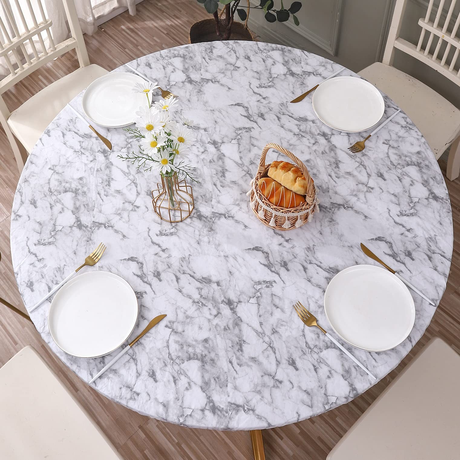 Round Vinyl Fitted Tablecloth with Flannel Backing Elastic E