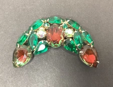 Vintage D&E Juliana Brooch Cresent Shaped Watermelon Green Clear Rhinestones