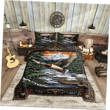 Lake House Boating Bed Comforter Set Size,Duck Animals Queen Green Brown Duck
