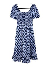 J Crew Square Neck Puff Sleeve Midi Dress Smocked Ruffle Blue Floral Size XS