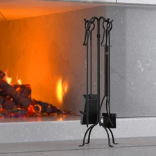 5-Piece Fireplace Tools Set, Heavy Duty Wrought Iron Fire Place Toolset, Black