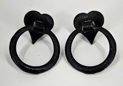 Black Hammered Metal Cabinet Or Drawer Pulls Heart Vintage Salvage - Set Of 2