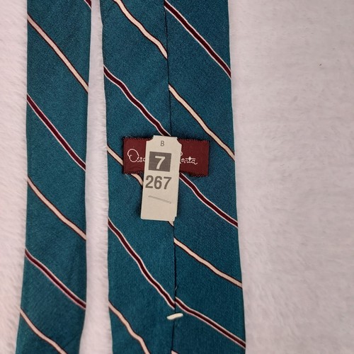 Oscar De La Renta Tie Green Striped 90s 57" x 3" Burgundy Beige Pinstripe - Picture 6 of 8