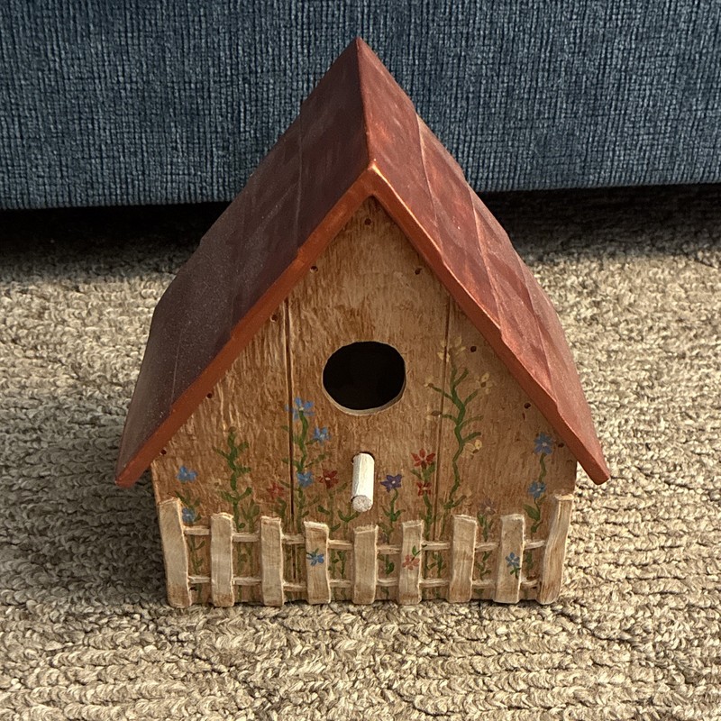 Decorative Wooden Bird House with Red Roof, Painted Flowers, Country Style