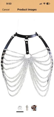 Women's Leather and Chain Body Harness/ Jewelry Set Black Silver One Size - Image 1 of 3
