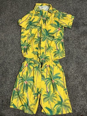 Men s XL 2-Piece Palm Tree Coconut Yellow Shirt/Shorts Set, Soft Polyester EUC!