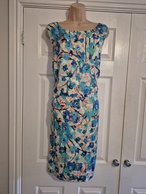 Blaues gefüttertes Kleid mit Blumenmuster Seidenmischung Größe 20 von Monsoon neu mit Etikett 