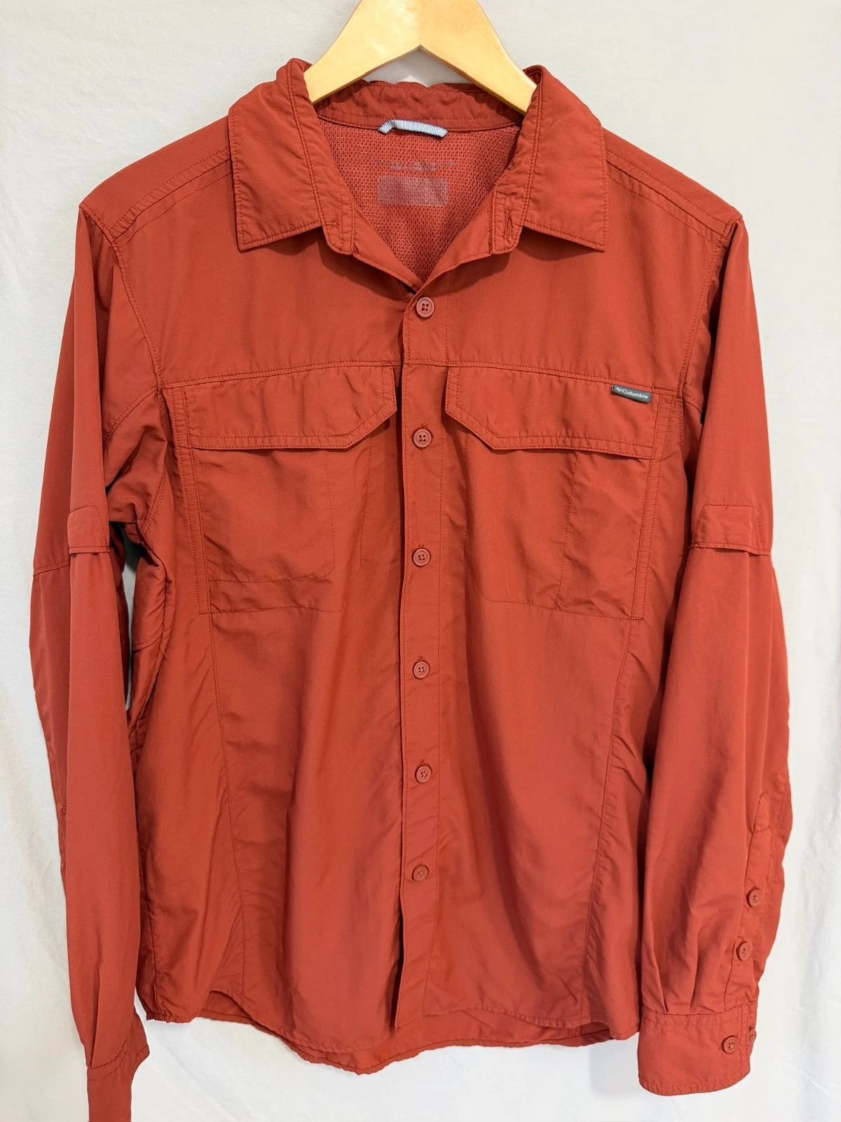 Columbia PFG Hiking Fishing Shirt Womens M Rust Orange Roll Tab Vented Nylon