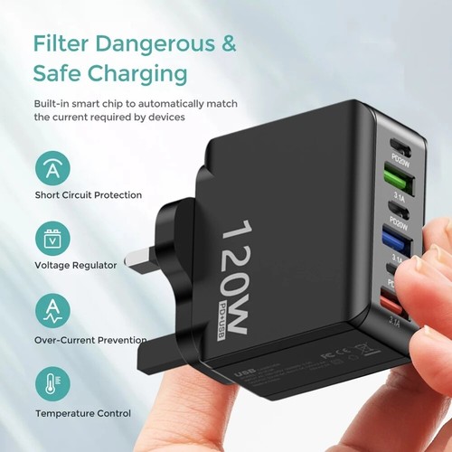 120W 6-Port USB-C PD Fast Charger Plug Multi-port EU/US/UK Plug Wall Adapter - Picture 5 of 18