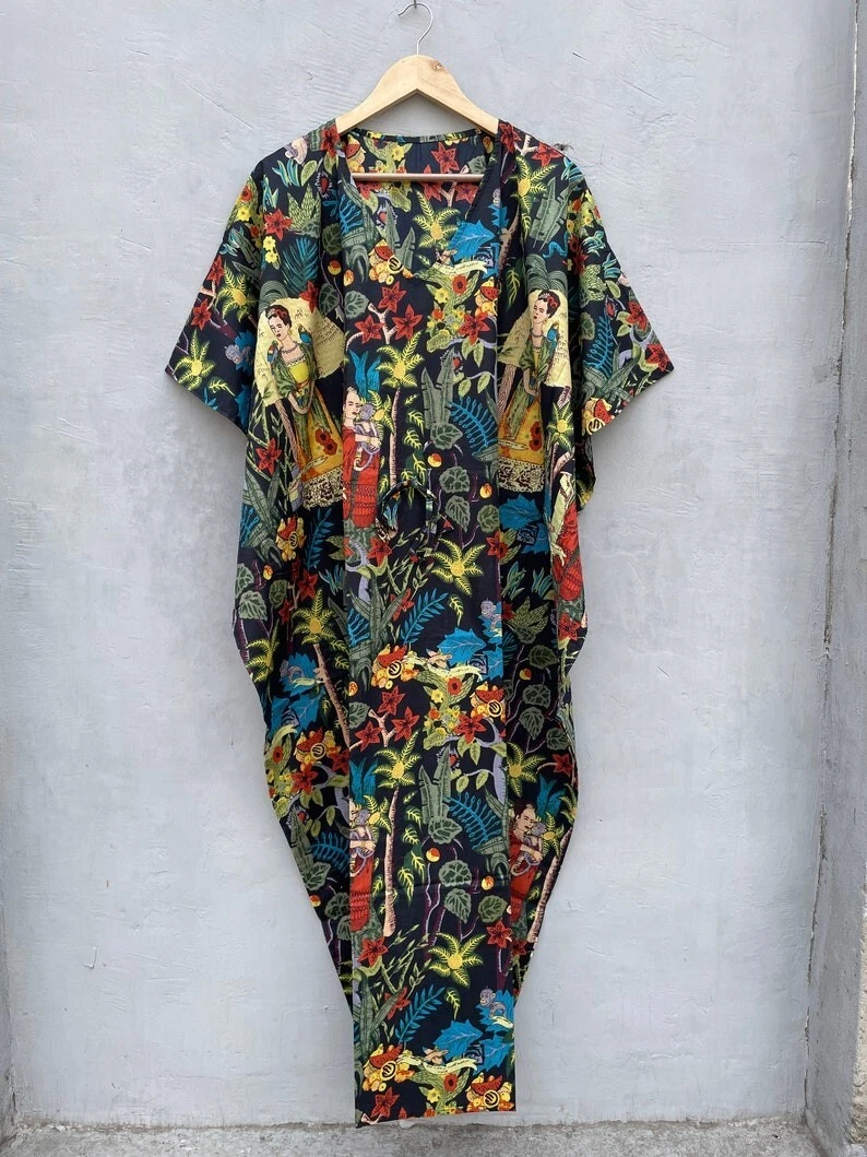 Indian Vintage 100% Cotton Long Beach Maxi Kaftan Dress One Size Caftan Kimono