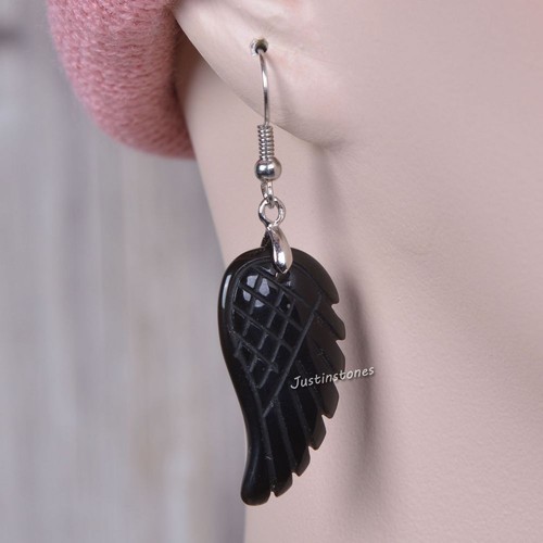 30mm Carved Rock Gemstone Crystal Angel Wing Healing Handmade Dangle Earrings - Picture 19 of 133