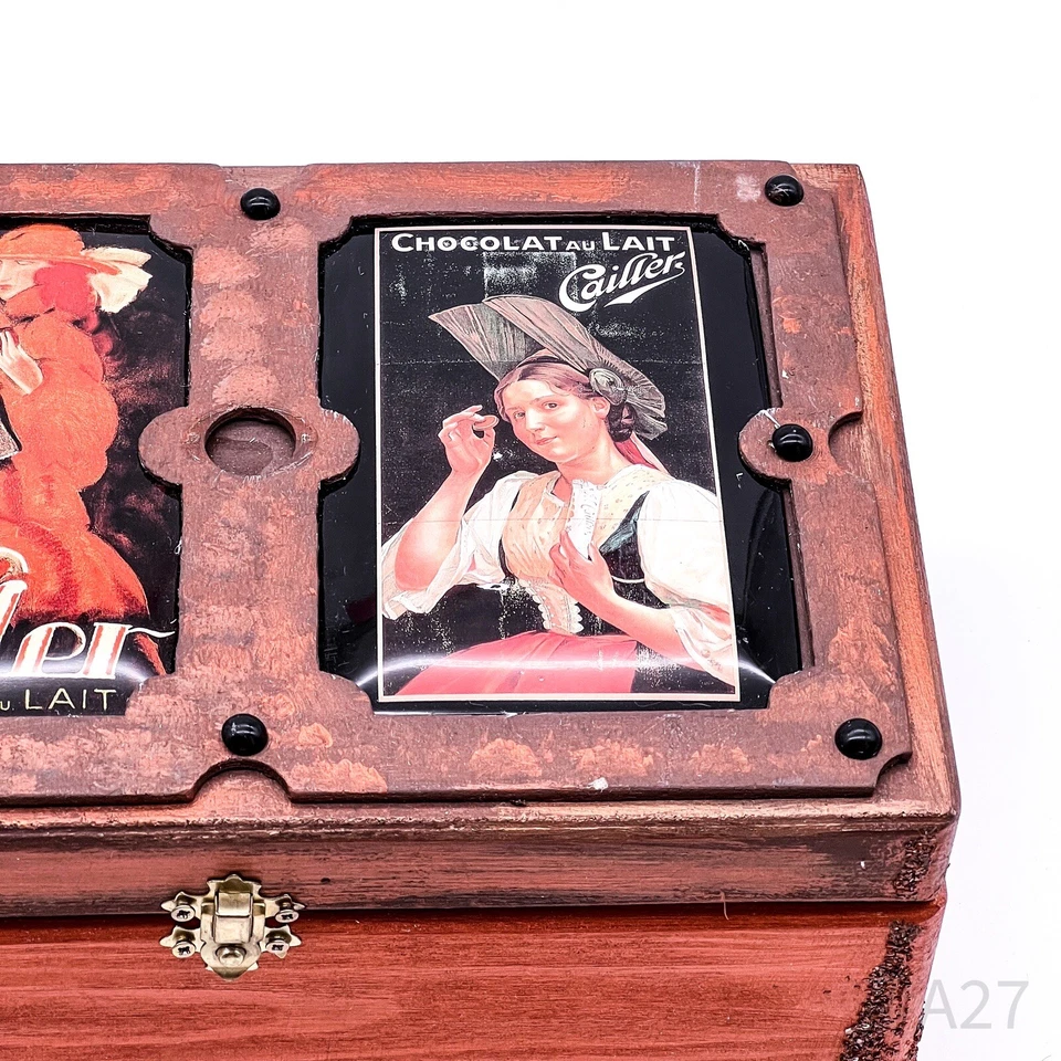 Vintage Truhe aus Holz mit Cailler Chocolat au Lait Blechschildern | Handmade - Bild 4 von 4