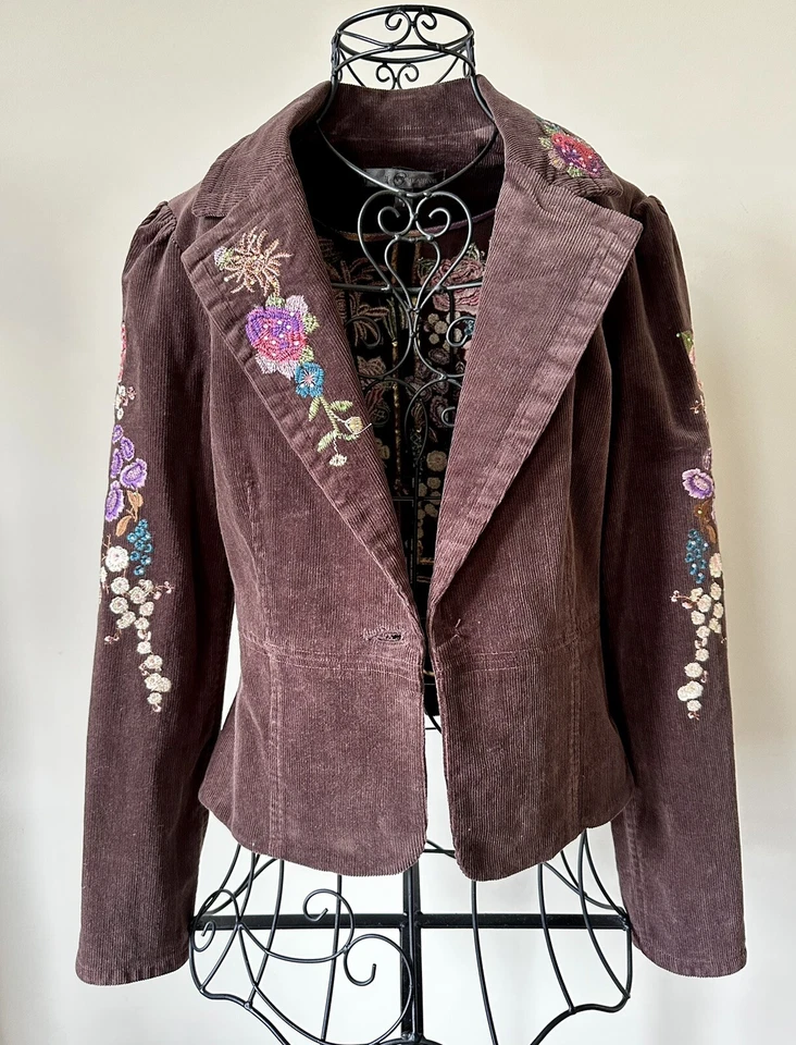Vintage TM True Meaning Womens Jacket Blazer Brown Embroidered Flowers Size 2 Foto 2 de 4