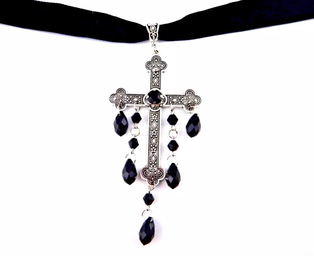 LARGE BLACK DRIPPY GOTHIC CROSS PENDANT velvet choker beaded necklace 13-16