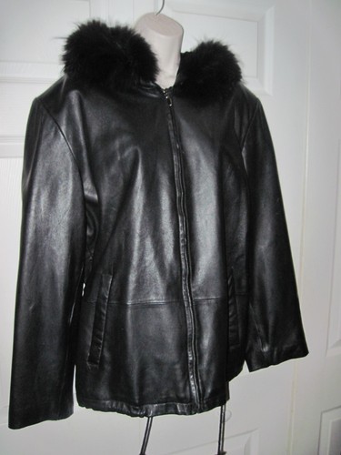 FLEET STREET Black Leather Hooded Jacket Fur Tim Zip Up Women's Size Large - Picture 9 of 14