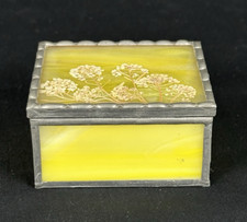 VTG Yellow Stained Glass Hinged Trinket Box Mirror Base Pressed Flower Glows
