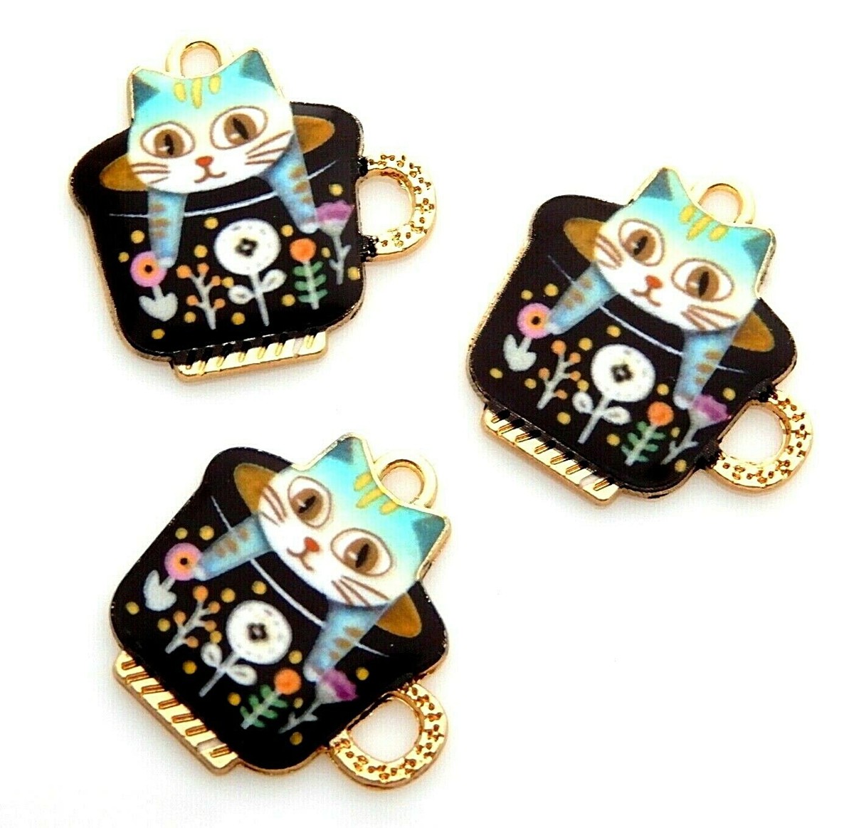 10 Enamel Kitty Cat in a Coffee Tea Cup Gold Bead Drop 23mm Charms