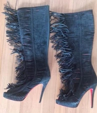 CHRISTIAN LOUBOUTIN Deva Tall Boot Suede Open Toe Fringed 37.5 New Authentic