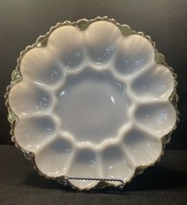 Anchor Hocking Milk Glass Deviled Egg Plate, White Gloss, Translucent, Gold Edge