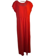 Lands' End Medium 10-12 Orange Maxi Dress Pullover Crochet Neckline Short Sleeve