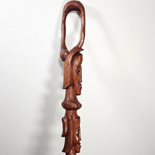 Vintage Wooden African Tribal Walking Stick Cane Hand-Carved 2 Faces - 41" Long