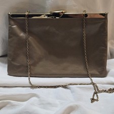 Vintage ETRA Genuine Leather Frame Clutch Purse Brown Gold Chain Evening Bag