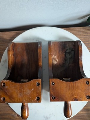 Vintage Wooden Wall Candle Holder Pair Rustic Primitive Sconces Handcrafted Wood
