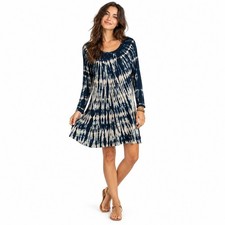 Hands to Hearts Tunic Dress Womens Medium Navy Blue Batik Long Sleeve Boho