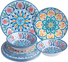 Melamine Dinnerware Sets, 12-Piece Dinner Dishes Set for 4, Durable & Non Breaka