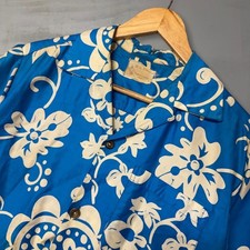 50s Vintage Royal Hawaiian Button Up Shirt Blue Floral Aloha Loop Collar Medium