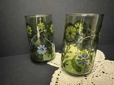 Pair Of Vintage Libbey s Green & Blue Daisy Glasses MCM Flower Power