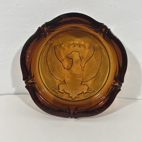 Vintage Extra Large Federal Eagle Dark Amber Heavy Glass 10" Giant Ashtray