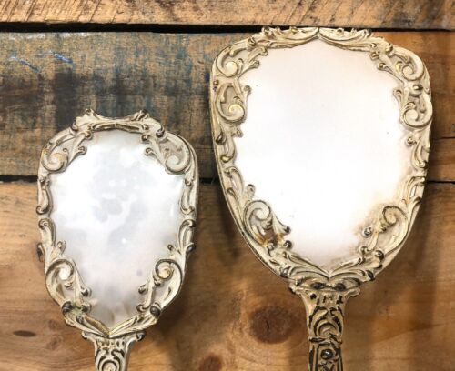 Antique Vintage Mirror and Brush Vanity Set Art Deco Metal Destressed Preowned - Picture 5 of 5