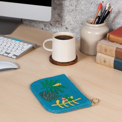 Cotton Zipper Pouch Handbag - Folkart Bird Butteryfly & Botanical Design 7 Inch - Picture 2 of 4