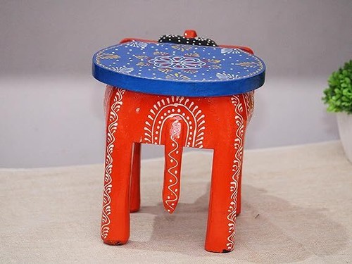 Handcrafted Hand-Painted Colorful Wooden Elephant Stool 22 Centimeters Rose Gold - Picture 21 of 27