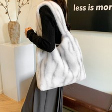 Women Fluffy Tote Shoulder Bag Leopard Print Faux Fur Handbag Furry Large