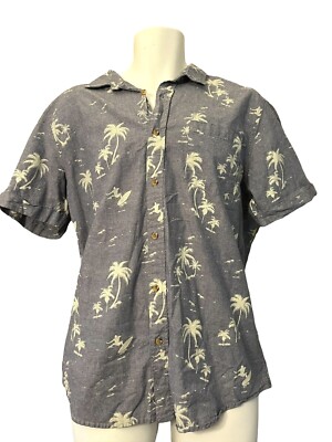 Men's Large Button Up Shirt Blue Island Palm Trees Surfer Aloha American Rag