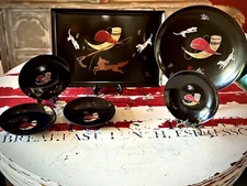 RareVTG"Fox Hunt"HandInlaid CourocOf Monterey,CA AnheuserBusch 6-PieceServingSet