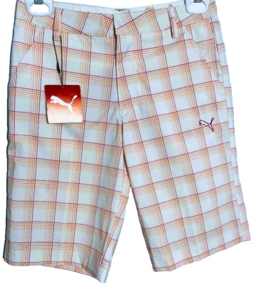 Puma Tech junior boys Bermuda Golf shorts Medium white orange vibrant plaid