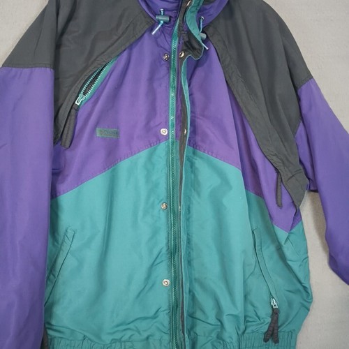 Columbia Jacket Mens Large Radial Sleeve Colorblock Teal Purple Foldaway Hood - Picture 6 of 16