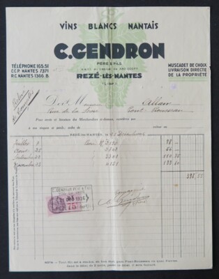 Billhead Invoice NANTES 1936 Rezé White Wine GENDRON Muscadet Wine Illustrated 121