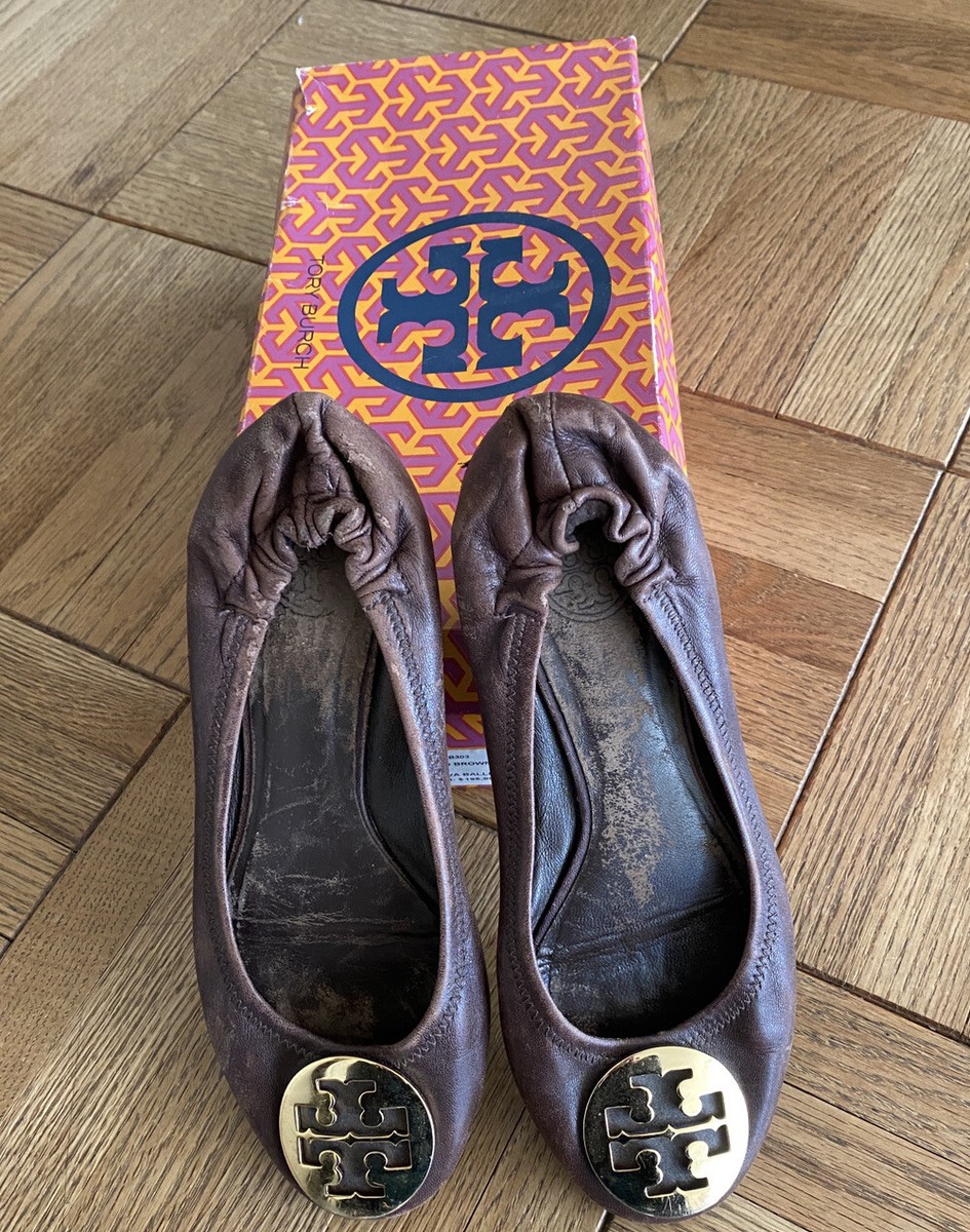 TORY BURCH Reva Brown Leather Ballet Flat Size 6.5M with Box 