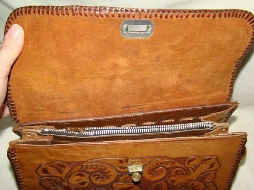 Vintage mexikanische handbesetzte Lederhandtasche Rosen Kunst Drehverschluss Schultertasche Handtasche - Bild 7 von 9