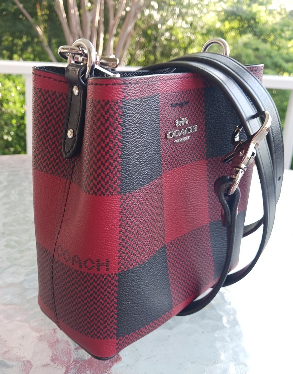 Coach Red & Black Buffalo Plaid Mini Town Bucket Leather Tote