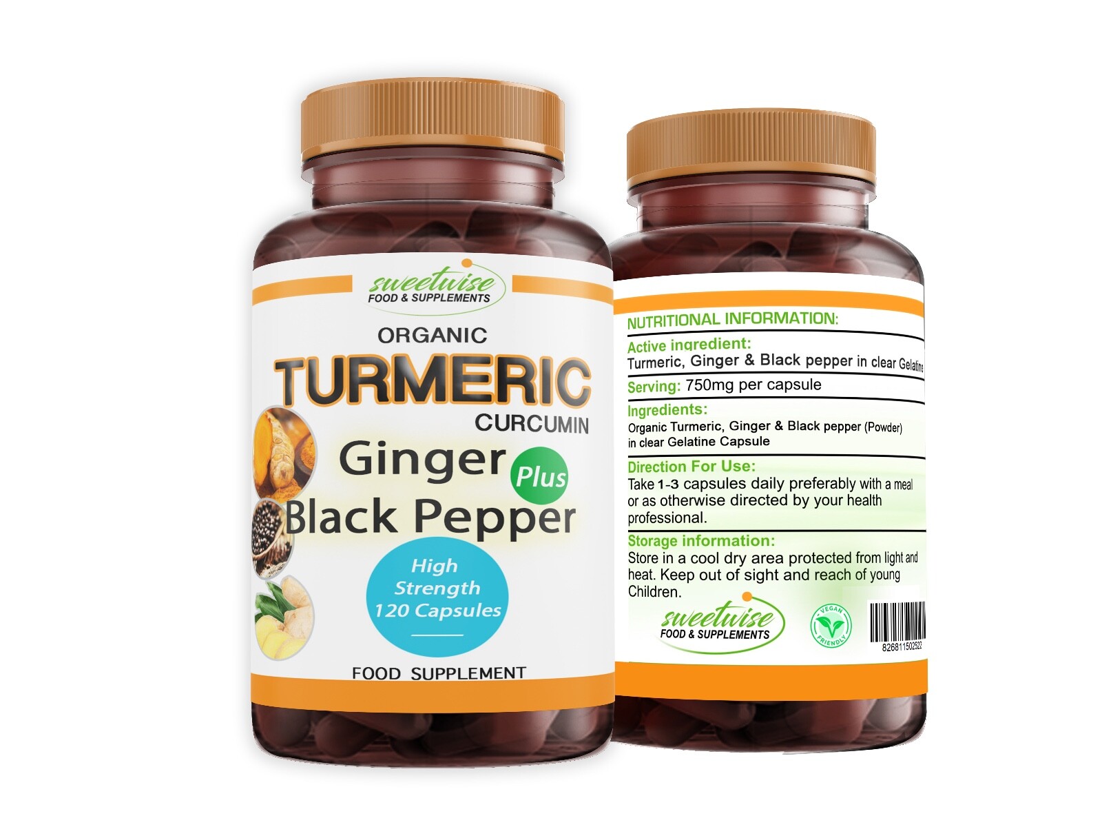 ORGANIC Turmeric Curcumin, Ginger and Black Pepper 120 Capsules - High Potency